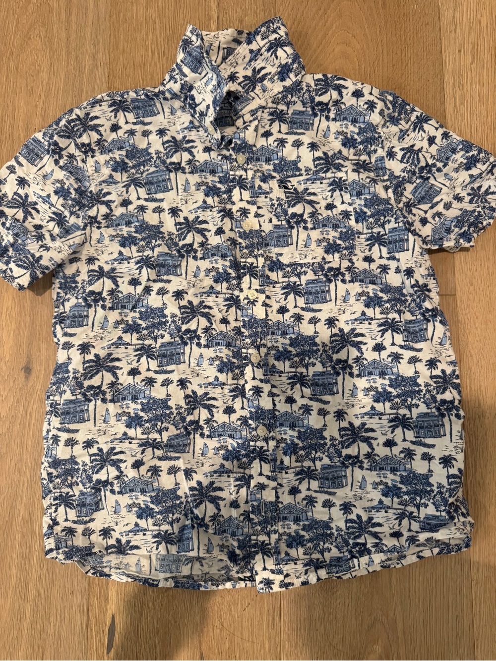 Boys Short-Sleeve Tropical Print Button-Up Shirt - Blue/White